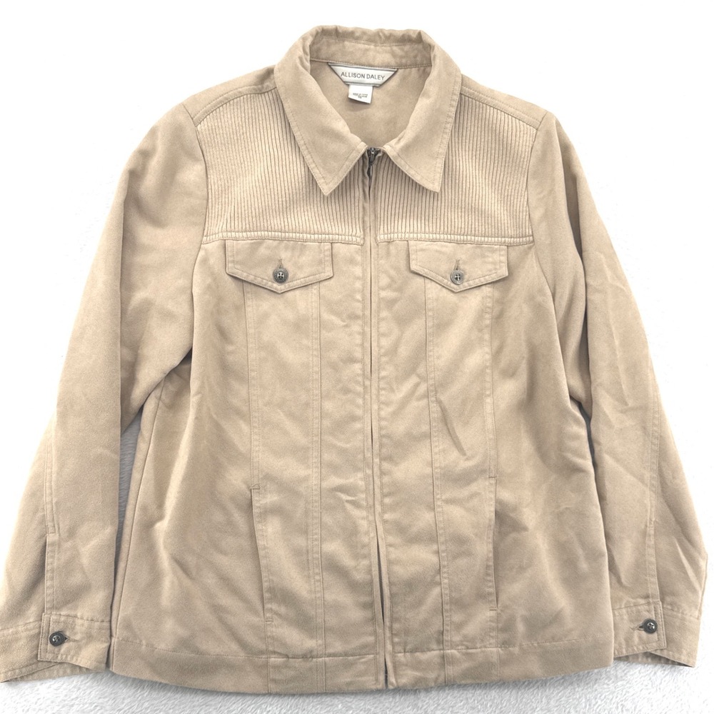 Faux Suede Women's Light Jacket 10 Tan Ribbed Zip Front Utility
